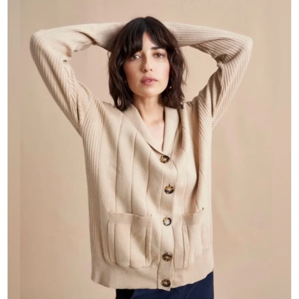 LA LIGNE New York Beige Ribbed Knit Shawl Collar Cardigan‎ Cashmere Sweater XS